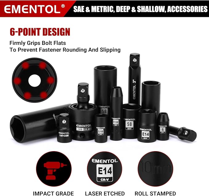 EMENTOL 189-Piece Impact Socket Set, 1/4" & 3/8" Drive Metric and SAE Sizes, CR-V Steel, Includes Deep & Shallow Sockets, Ratchets, Bits, Extensions, Spark Plug Socket & More, with Plastic Tool Case