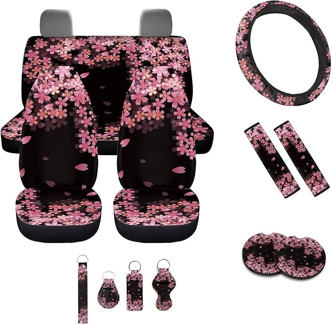 Pink Cherry Blossom Flower 13 Pieces Car Accessories Universal Fit Car Seat Covers Full Set,Seatbelt Shoulder Pads,Coasters,Keychain,Lipstick Sleeve for Women's Vehicle Protector