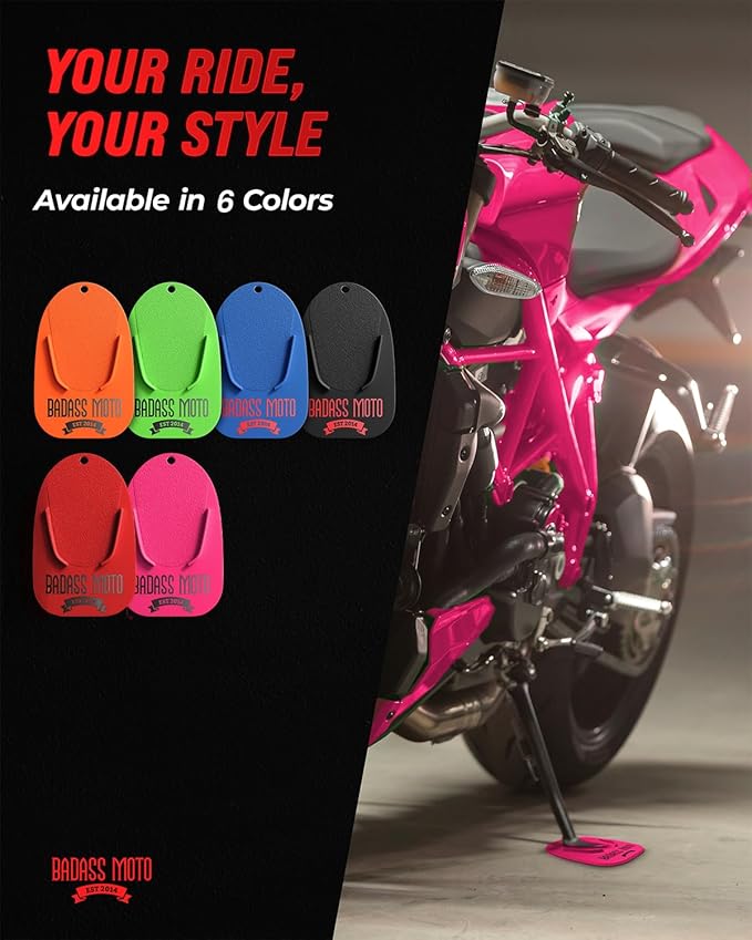 Badass Moto Motorcycle Kickstand Pad, Kick Stand Puck, Coaster Plate for Harley Davidson Touring, Sport Bike, Motorcycle Accessories for Women, Grass, Dirt, Hot Pavement Parking Pad, Made in USA, Pink