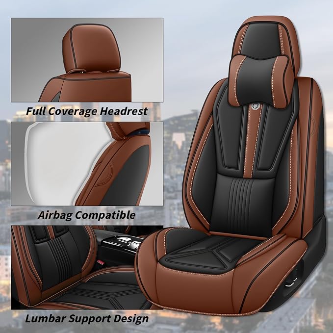 Arazi Fit for 98% of Mazda Seat Covers, 360° Full Wrap Original Seat Cover, Waterproof Nappa Leather Seat Covers with Big Space Storage Pocket Seat Protector（5 Seats Luxury, Black&Brown）