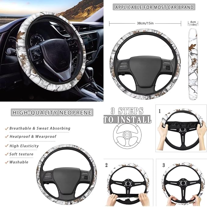 Howilath White Camo Hunting Forest Front Car Seat Covers Set with Interior Accessories Center Console Cover+Steering Wheel Cover+Seatbelt Pads+Keychain+Coasters Set of 10 Fit Sedan Truck Van