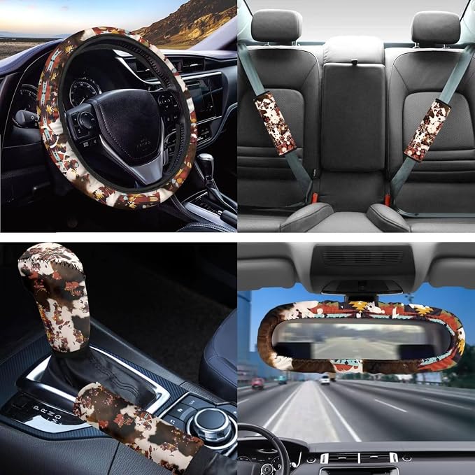 Set of 14 Car Seat Covers Full Set Southwestern Tribal Cow Car Seat Covers Brown Steering Wheel Cover Coasters Keychain Mirror Cover,Auto Interior Accessory Protector