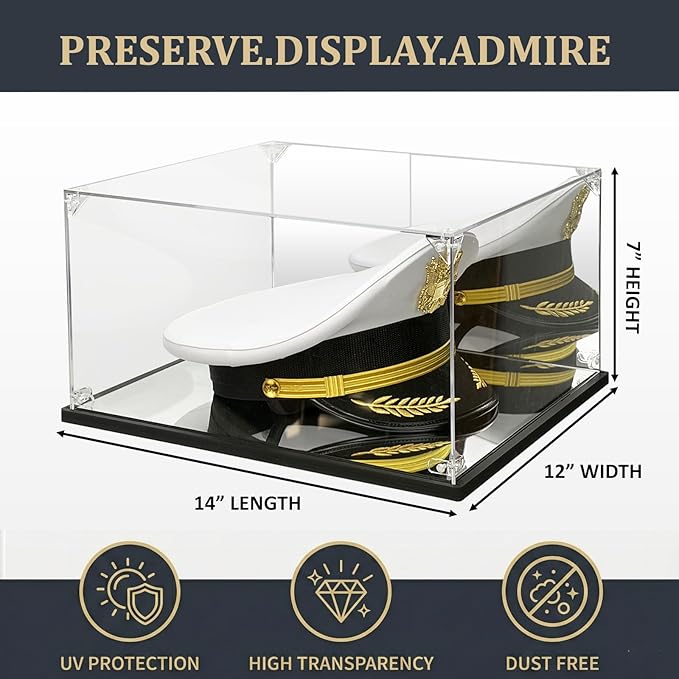 Police & Military Hat Acrylic Display Case with Mirrored Back & Base - Inner 13.8x11.8x6.8 Inch Dustproof Storage Box for Memorabilia, Sports Caps & Collectibles, Tool-Free Assembly