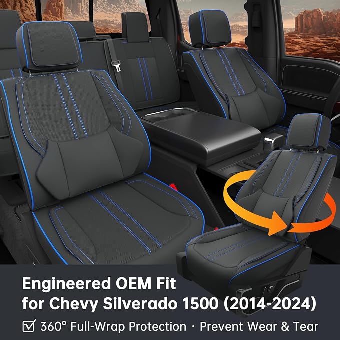 W&PMAX Custom-Fit Front Seat Covers for Chevy Silverado 1500 (2014–2019), Blue Front Set, Waterproof Leather, Airbag Safe, Easy Install