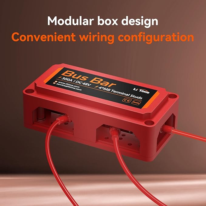 Litime 300A Bus Bar, Power Distribution Block with 4*M8 Terminal Posts, Max. DC 48V for Automotive, Marine, Solar Applications and Electrical System, Red