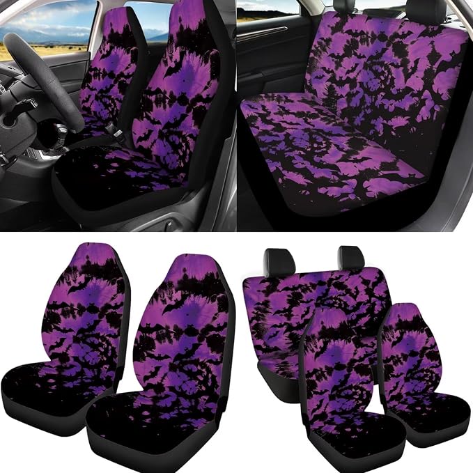 Halloween Bat Car Seat Covers Full Sets 12Pcs Tie Dye Bat Car Steering Wheel Covers+Coaster+Keychain+Armrest Pads for Women Men，Universal Fit Automotive Interior Sets Halloween Decoration