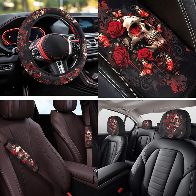 Bulopur Floral Skull Red Rose Car Seat Covers Full Set with Vehicle Armrest Cushion Easy Install Auto Seat Belt Shoulder Strap Covers 15 Inch Steering Wheel Cover Coasters Car Interior Accessories