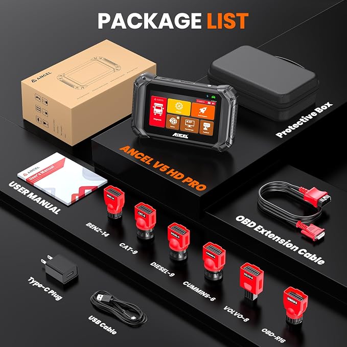 ANCEL V5HD PRO Heavy Duty Truck Scanner, Diesel Diagnostic Tool with DPF Regen & Bi-Directional Control, Full System Scan for Cummins Detroit Caterpillar Volvo Paccar, for Fleets & Truck Owners