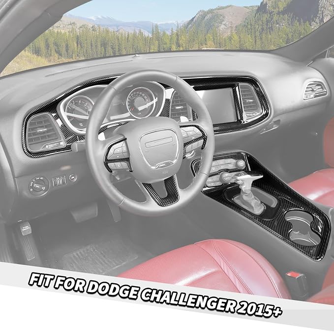 Jimen Fit for Dodge Challenger 2015-2023, 9PCS Carbon Fiber Interior Kits - Center Console Dash Trim Dashboard Cover, Gear Shifter Panel Cover
