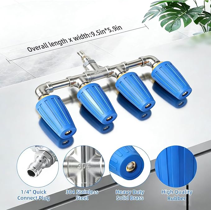 Quad Turbo Nozzle Pressure Washer, Quad Pressure Washer Nozzle, 360° Rotating 4000 PSI Turbo Nozzle with 1/4" Quick Connector 2.0 Orifice, 304 Stainless Steel for Driveway/Deck Clean(Blue)