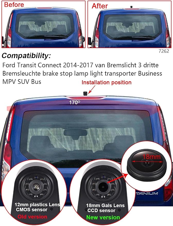 1280x720 Pixels 1000 TV Line 3rd Brake Light Reversing Camera Brake lamp Parking Camera Replacement for Ford Transit Connect 2014-2017 Transporter Business MPV SUV Bus Back up Reverse Camera