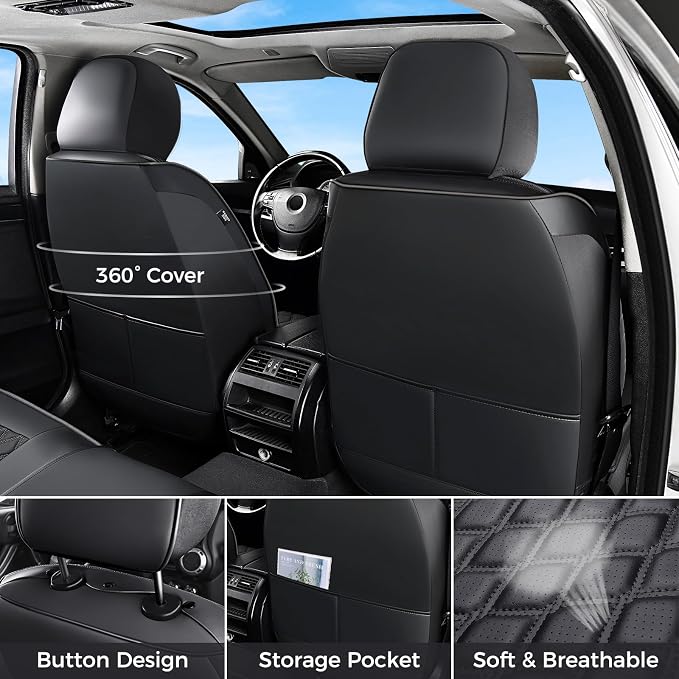 Huidasource Seat Covers for Trucks Chevy Silverado/GMC Sierra, GMC Sierra 1500 Seat Covers, 1500 2014-2018, 2500HD 3500HD 2015-2019 Crew Double Extended Cab Nappa Leather Covers (Full Set/Black)