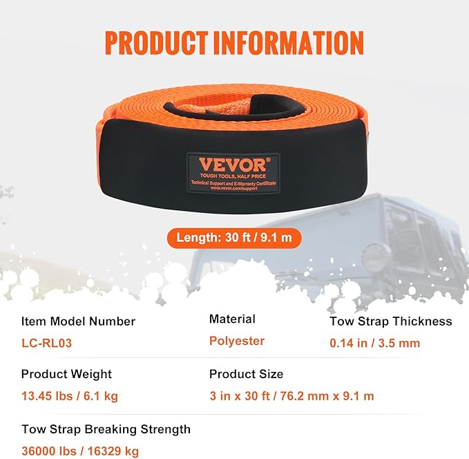 VEVOR Polyester Heavy Duty Tow Strap Recovery Kit 3" x 30 ft (MBS-36,000 lbs) Winch Strap, Triple Reinforced Loop, Snatch Strap + 2" Shackle Hitch Receiver + 3/4" D-Ring Shackles (2PCS) + Storage Bag