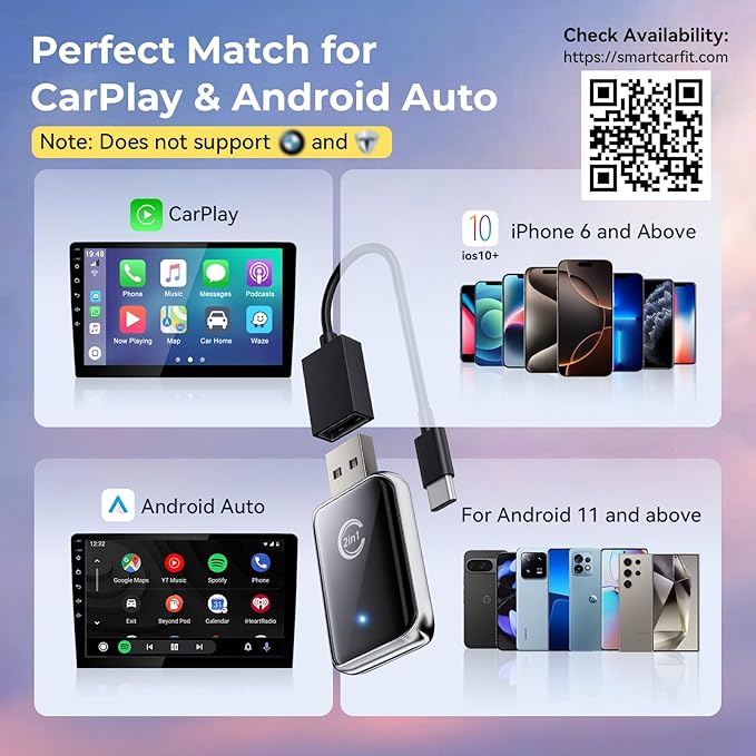 Wireless Carplay Adapter for iPhone, Convert Wired Car play to Wireless, 2 in 1 Plug and Play Mini CarPlay and Android Auto Adapter for iOS 10 Android 11 and Above, Cars with Built-in Carplay (Black)