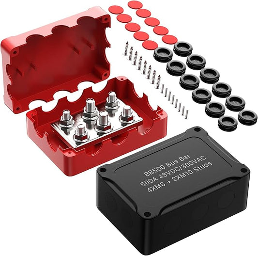 Joinfworld Heavy Duty 500A Bus Bar Waterproof Power Distribution Block with 4*5/16"(M8)+2*3/8"(M10) Studs 48V DC Automotive Marine Battery Terminal Distribution Block with Cover - Negative&Positive