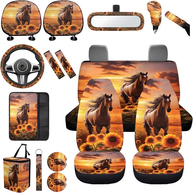 17 Pieces Horse Car Seat Covers Full Sets with Front and Split Rear Bench,Sunflower Car Accessories for Women Man,Automotive Interior with Auto Trash Bag Headrest Covers,Universal Fit