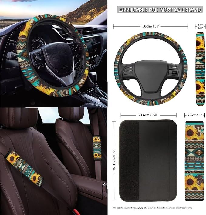 Wanyint Aztec Sunflower Blue Car Seat Cover Set 15 PCS, with Steering Wheel Cover Seat Belt Cushion Pad Garbage Bag Air Vent Pocket Rearview Mirror Cover Coasters Keychain for SUV Trucks Vans Sedans