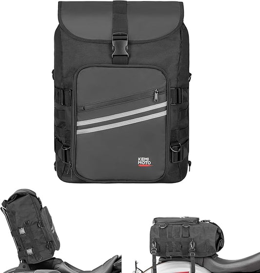 KEMIMOTO Motorcycle Sissy Bar Bag 30L Motorcycle Tail Travel Luggage Bag with Waterproof Rain Cover for Trip Camping Outdoor Motorbike with 4 Straps 1 Shoulder Strap