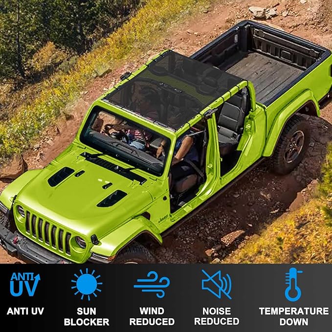 JT Top Sun Shade Roof Compatible with Jeep Gladiator 4 Door 2018 to 2023 Sunshade Sunroof Bikini Cover Blocks UV Wind Noise Black Mesh for Full Length