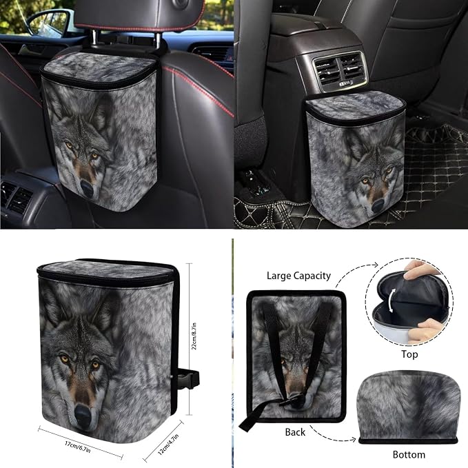 Gray Wolf Pattern 10 Pieces Car Accessories, Auto Seat Covers Full Set Steering Wheel Cover Cup Holders Car Garbage Can Air Vent Storage Bag Keychains Universal Fit for Most Cars