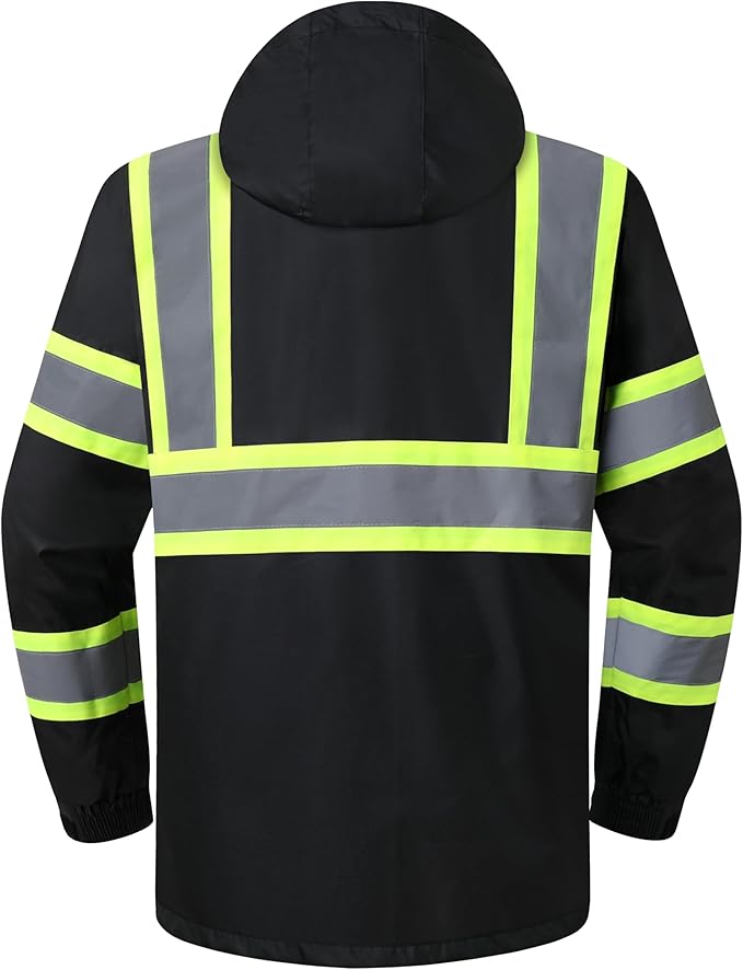 JKSafety Hi-Vis Reflective Safety Rain Jacket and Pants for Men Women Waterproof Rain Gears for Farming Fishing Work HV Rain Suit with Inner Mesh Lining and Pockets (117-Black L)