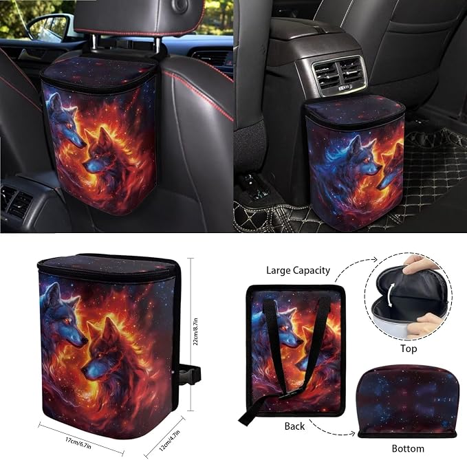 Fire Wolf Galaxy Print Car Seat Cover Sets Car Steering Wheel Cover Seat Belt Cover Trash Bin Air Vent Storage Box Front Rear View Mirror Car Cup Holder Keychain 15Pcs Car Accessories