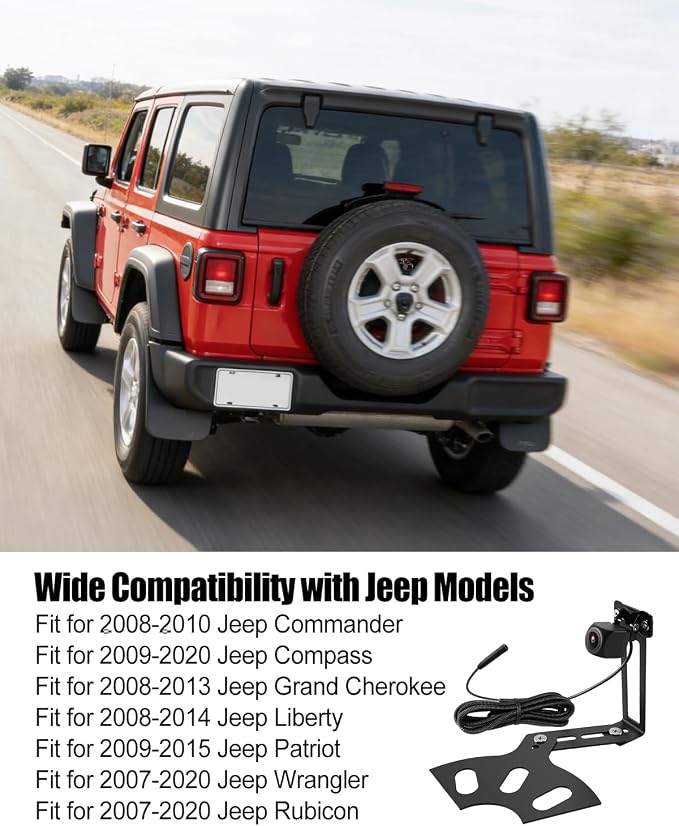 Spare Tire Backup Camera Fit for Jeep Wrangler JK JKU Rubicon Commander Patriot Liberty 2007-2018, Flexible Mount, Adjustable Rear View and Waterproof