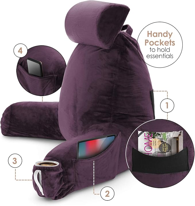 Nestl Reading Pillow with Shredded Memory Foam Includes 2 Neck and Lumber Support Pillows, Designed for Sitting Up in Bed and Couch, Back and Arms Adjustable Support for Adult & Teens, Purple