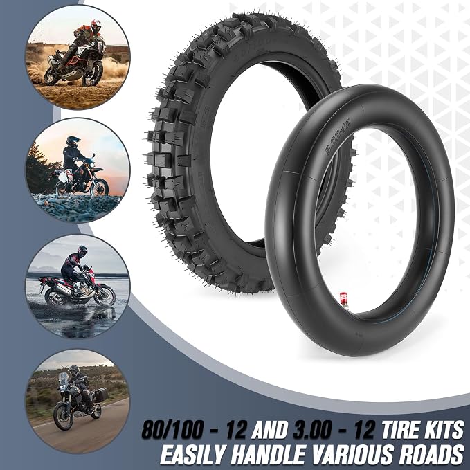 80/100-12 3.00-12 Back Rear Tire and Inner Tube,80/100-12 Dirt Bike Tire,12 Inch Rear Dirt Bike Tire compatible with Honda CRF70 XR70 Kawasaki KLX110 TTR90 PW80 Pit Bike (Fit 90cc 110cc 125cc)