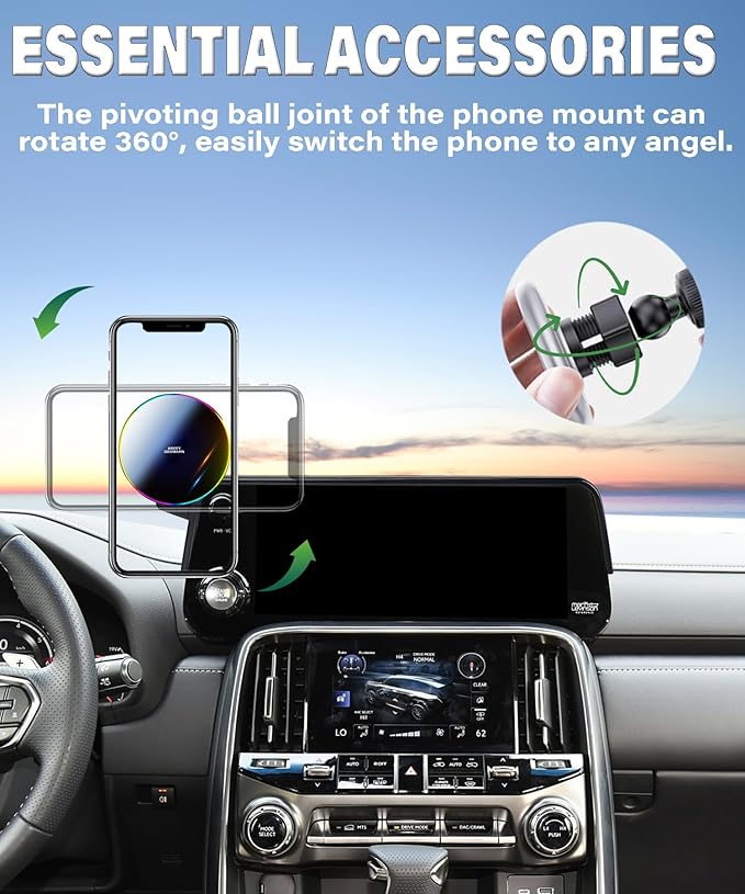 Car Phone Holder for 2022 2023 2024 2025 Lexus LX600 Accessories Apply to 12.3 Inch Touchscreen 15W Fast Wireless Charger Screen Fixed Clip HandsFree Cell Phone Mount 360° Rotation