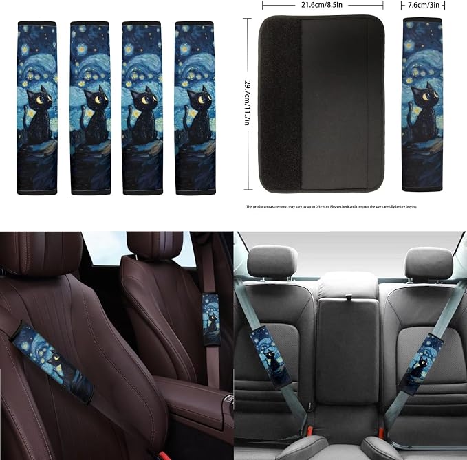 Starry Cat Print Full Set Car Seat Covers with Steering Wheel Cover Safety Belt Pads Armrest Cushion Headrest Protectors Gear Shift Knob + Handbrake Covers etc, Universal Fits