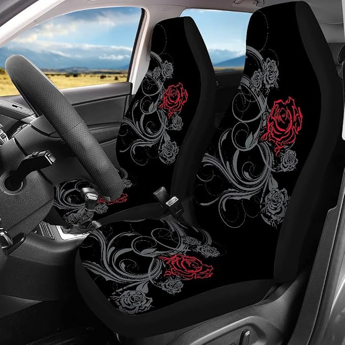 Ystardream Goth Rose Automotive Seat Covers for Women Men Dark Style Front and Rear Bench Back Seat Cover Set with Steering Wheel Cover/Seat Belt Cover Universal Protector Covers