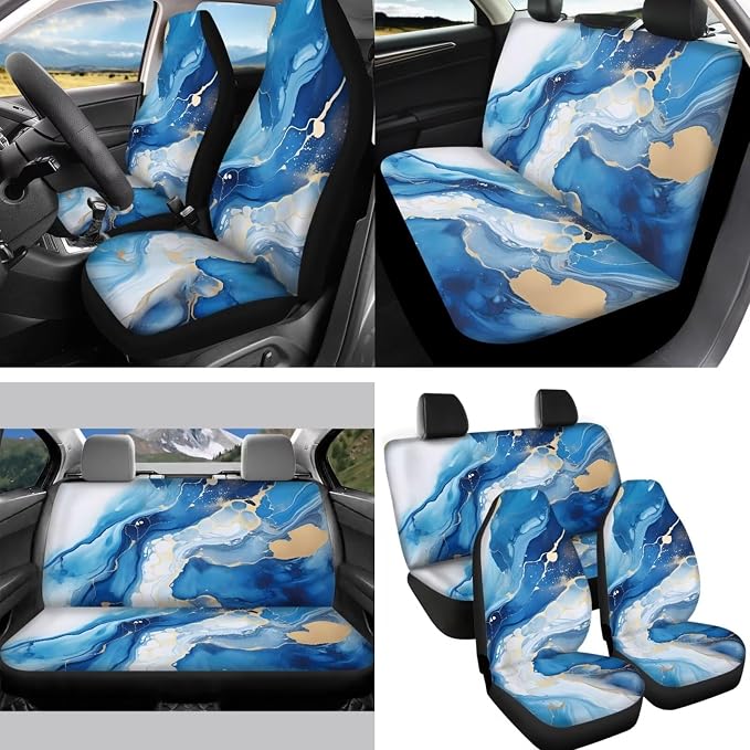 Blue Marble Auto Seat Covers 14pcs Full Set Car Accessory Universal Fit Car Seatbelt Pads Steering Wheel Cover Handbreak Gear Shift Cushion Keychain Durable Auto Interior Protector
