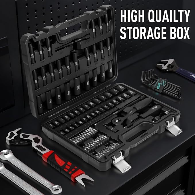 DISEN 94 PCS 1/4" Drive Impact Socket Set, Shallow & Deep Socket SAE(5/32"-9/16") & Metric(4-15mm), Torx Screwdriver Bit Set, 72T Ratchet Wrench Handle, CRV Tool Set with Adapter, Automotive Repair