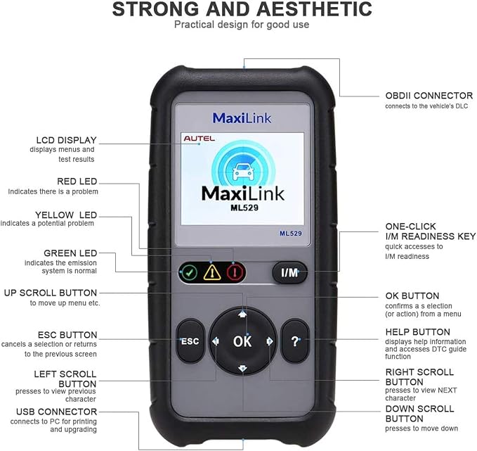Autel OBD2 Scanner Maxilink ML529, 2026 Code Reader Full OBD2 Functions for Turning Off Engine Light O2 Sensor Test AutoVin DTC Lookup Free Online Update