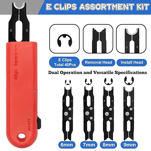 E Clips Assortment Kit With Removal and Installation Tool, 4 Sizes (6/7/8/9/mm) Snap Ring Kit & 40Pcs Retaining Rings for Bearing Fixation