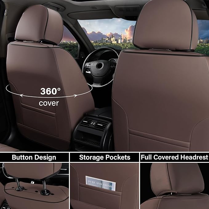 Coverado Leather Car Seat Covers Full Set, 5 Seats Waterproof Seat Covers for Cars Front and Rear Seat Cushions Protectors Universal Fit Most Vehicles (Bronw&Beige)