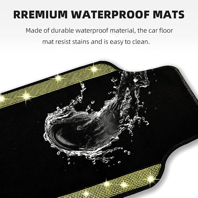 NBTEPEM Bling Car Floor Mats Full Set and Steering Wheel Cover, Universal Fit Most Cars, 4 pcs Sparkle Glitter Diamond Carpet, 5 pcs Bling Car Accessories Set for Women (Yellow Diamond)