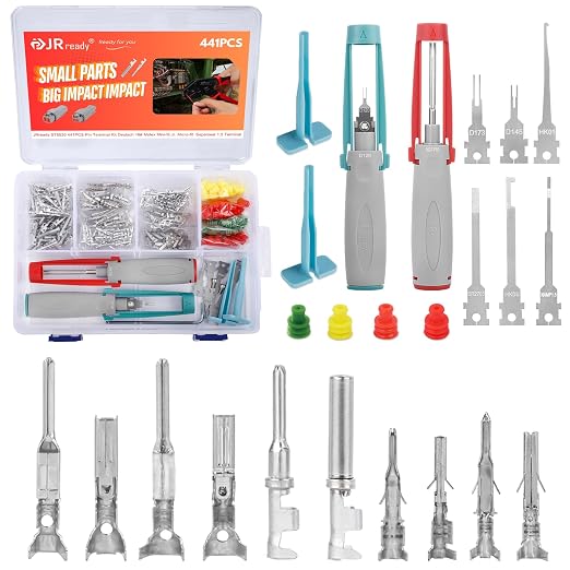 JRready ST6530 441Pcs Pins Terminals Pin Extractor Tool Micro-fit Mini-fit Jr Superseal 1.5 Deutch 16# Wire Crimp Contact Connector Electrical Automotive Male and Female Contacts with Pin Removal Tool