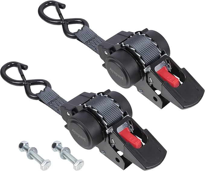 Ayaport Retractable Transom Tie Down Straps 1in X 10ft Tie Down Straps to Trailer- 1500lbs Break Strength, Medium Duty Bolt-on Ratchet Straps for Cargo, Boat, Motorcycles, ATV, 2pk