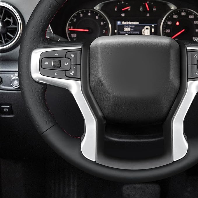 MEWANT DIY Black Smooth Geom Embossed Faux Leather Steering Wheel Cover for Chevy Silverado Blazer 1500 Silverado 2500