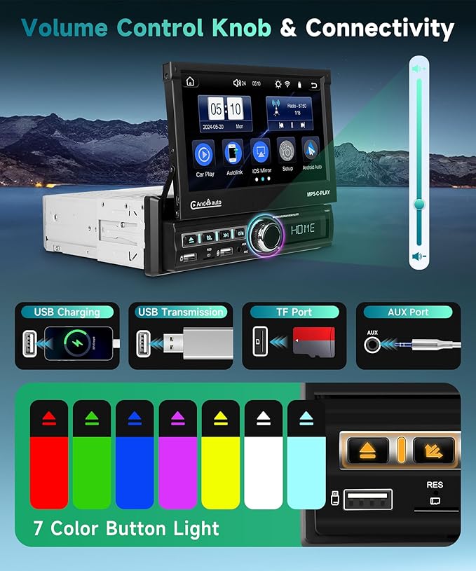 Single Din Car Stereo with Wireless Carplay Android Auto, 7" Motorized Flip Out Touchscreen Bluetooth Upgrade Car Radio with Mirror Link FM Dual USB/AUX/SD Card Ports Mic Rear View Camera