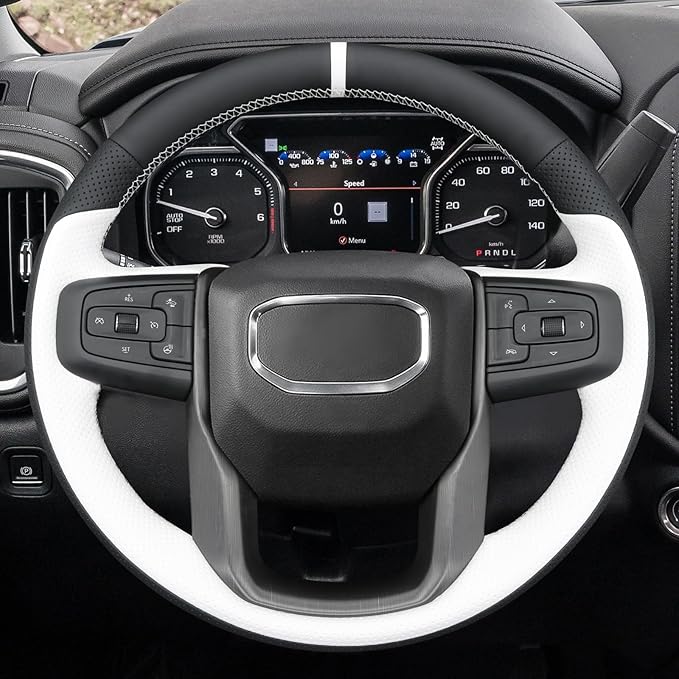 MEWANT Hand Stitch 3D Style Real Leather Steering Wheel Protector Wrap Cover for GMC Sierra 1500 2019-2023/Sierra 1500 Limited 2022/Sierra 2500 2020-2024/Sierra 3500 2020-2024/Yukon 2021-2023