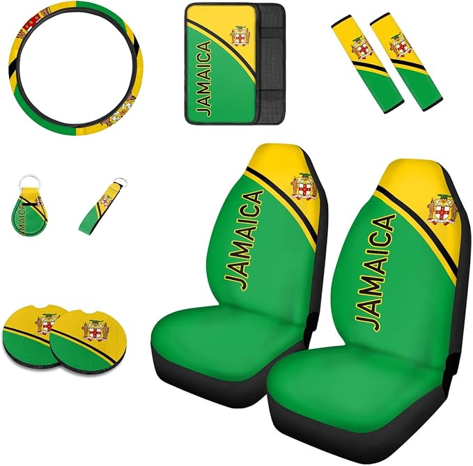 Howilath Jamaican Flag Pattern Universal Car Seat Covers/Steering Wheel Cover/Coasters/Seatbelt Pads/Keychain/Armrest Cushion, Auto Accessories 10pcs