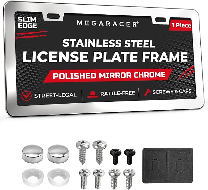 Polished Mirror Chrome Silver Thin License Plate Frame – 1 Piece, Car Wash Proof Stainless Steel, Rust-Free, Rattle-Free, Street Legal, Slim 2 Hole with Screw Caps, Metal Front or Rear Car Tag Holder