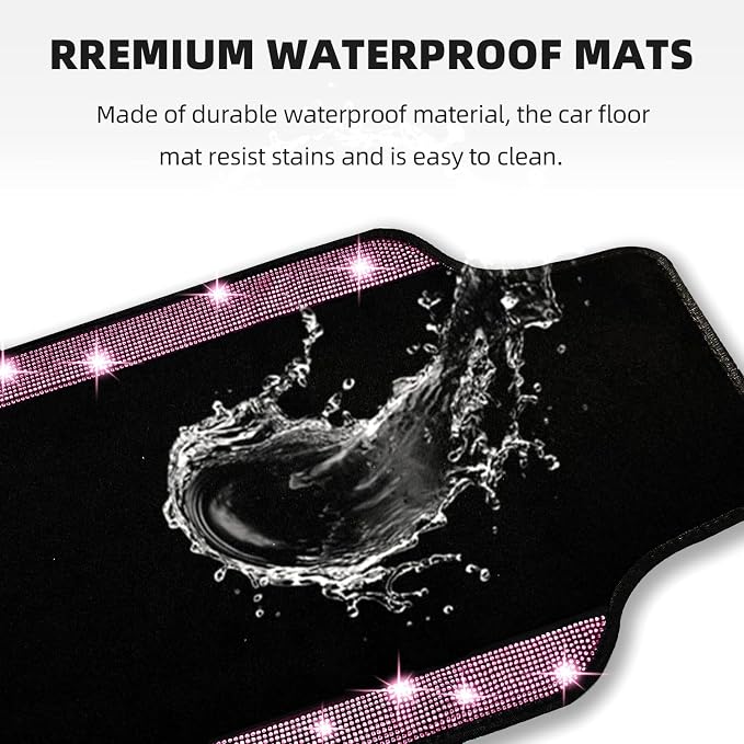 NBTEPEM Bling Car Floor Mats Full Set and Steering Wheel Cover, Universal Fit Most Cars, 4 pcs Sparkle Glitter Diamond Carpet, 5 pcs Bling Car Accessories Set for Women (Pink Diamond)