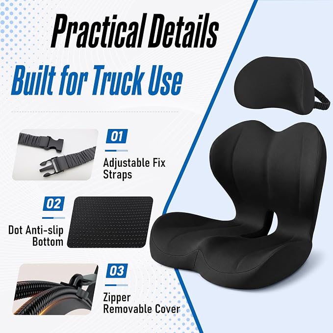 Truck Seat Cushion and Headrest Set for Long Driving - Memory Foam Car Seat Driver Cushion for Tailbone, Back & Sciatica Pain Relief, Ergonomic Lumbar Support for Semi Truck - Black