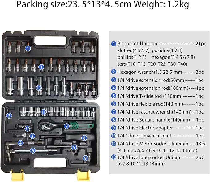 53 Pieces Metric Motorcycle Tool Kit Small Socket Set 1/4 Inch Mini Ratchet Set, With Metric And Standard Full For Auto Repairing And Household, With Storage Case (53)