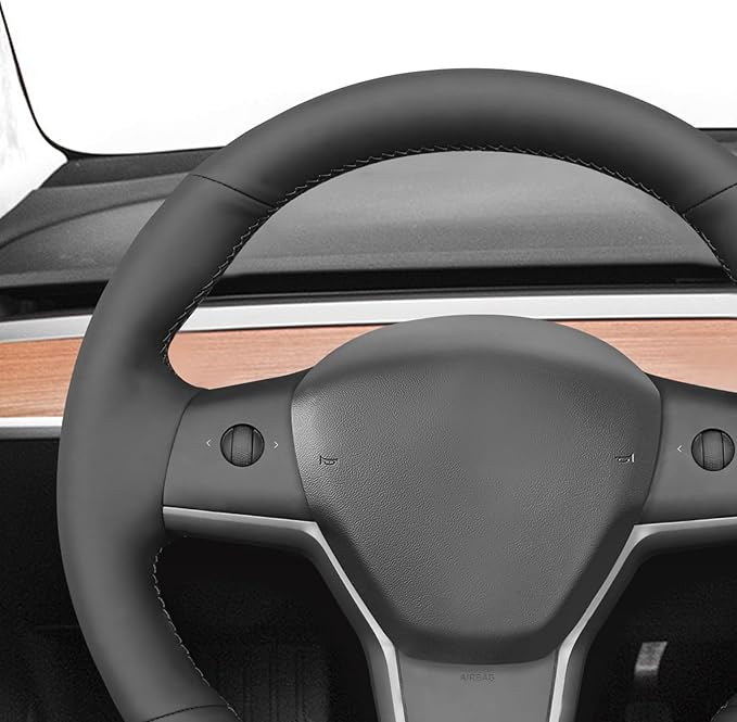 MEWANT Steering Wheel Cover Wrap for Tesla Model Y 2020-2023 Model 3 2017-2023 Made of Black Smooth Artificial Leather
