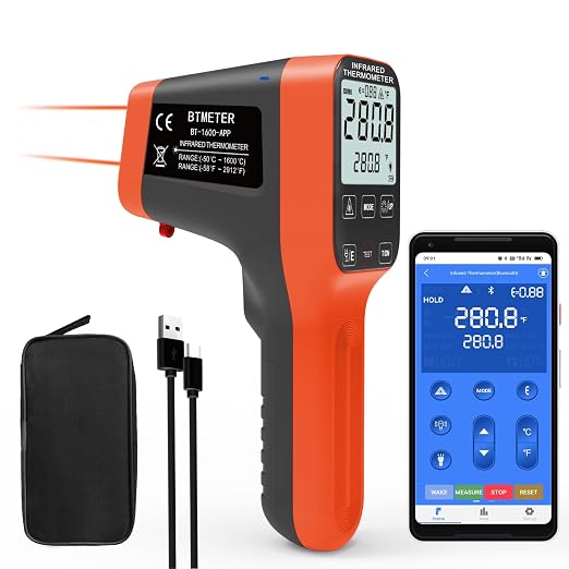 Digital Infrared Thermometer Gun 30:1, BTMETER Dual Laser IR Temperature Gauge BT-1600APP Measure High Temp -58℉ to 2912℉ with Data Logging for HVAC Kiln Forge Oven Pizza Cooking(Not for Human)